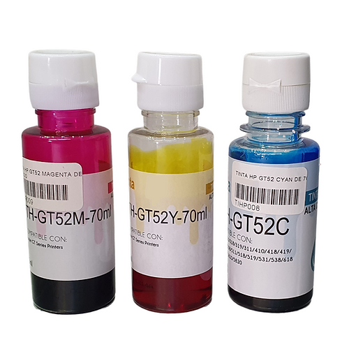 Botella de Tinta HP GT52 Cyan, Magenta, Amarillo  70ml. Genérica